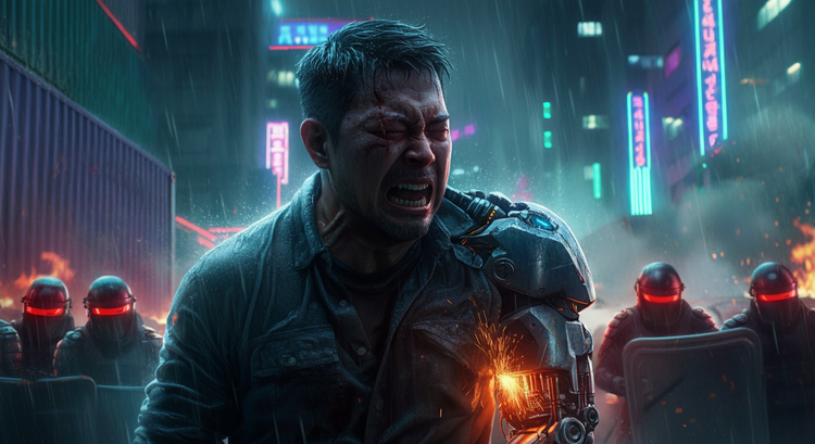 La Rebelión del Silicio y la Carne: Sindicatos Cyborg Paralizan Neo-Busan Exigiendo el 'Derecho a No Pudrirse'